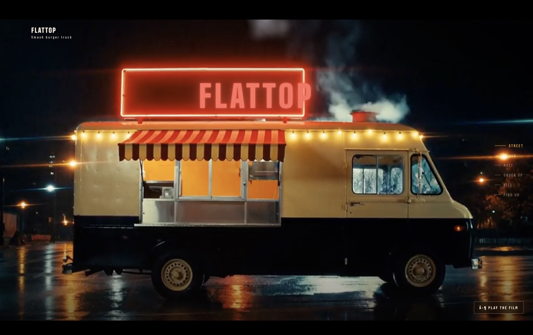 FLATTOP cinematic smash-burger food truck website shown at night