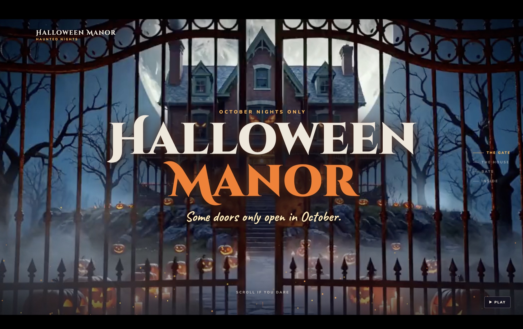 Halloween Manor cinematic haunted-house website behind iron gates