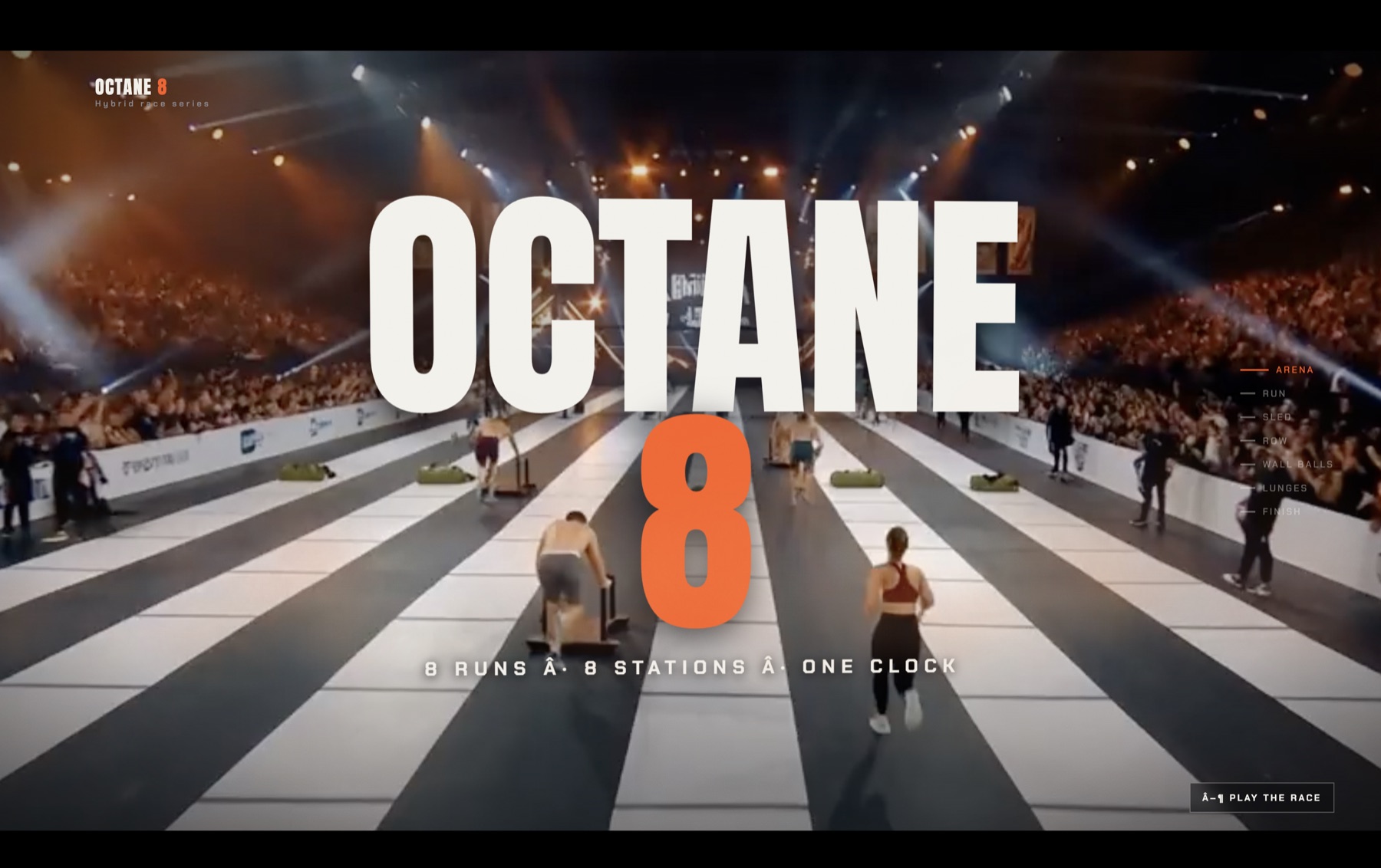 OCTANE 8 cinematic fitness challenge website in a brightly lit arena
